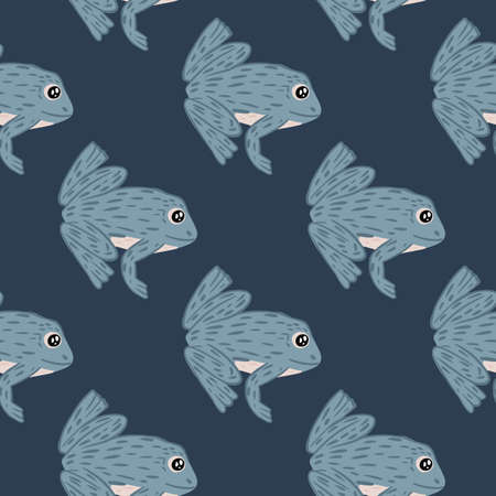 Hnad drawn seamless marine animal zoo pattern with doodle frogs elements. Navy blue background. Flat vector print for textile, fabric, giftwrap, wallpapers. Endless illustration.のイラスト素材
