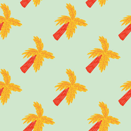 Bright summer beach nature seamless pattern with orange colored palm tree elements. Light blue background. Graphic design for wrapping paper and fabric textures. Vector Illustration.のイラスト素材