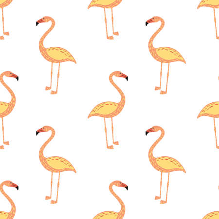 Isolated seamless pattern with beige colored flamingo ornament. White background. Exotic zoo backdrop. Vector illustration for seasonal textile prints, fabric, banners, backdrops and wallpapers.のイラスト素材