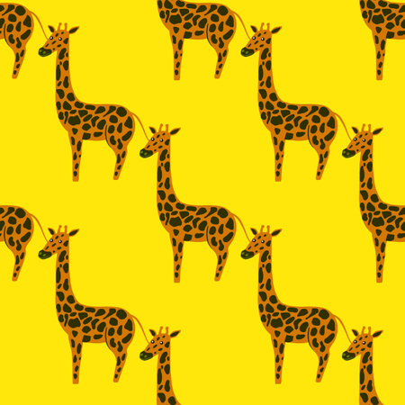 Bright seamless pattern with orange and black colored giraffe ornament. Yellow background.のイラスト素材