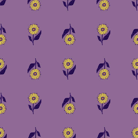 Vintage seamless doodle pattern with yellow sunflower shapes. Purple background. Spring floral print.のイラスト素材