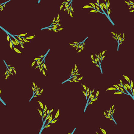 Random abstract contrast seamless pattern with yellow leaf branches shapes. Dark maroon background.のイラスト素材