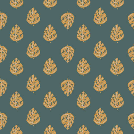 Tropic abstract seamless pattern with botanic beige monstera ornament. Pale navy blue background.のイラスト素材