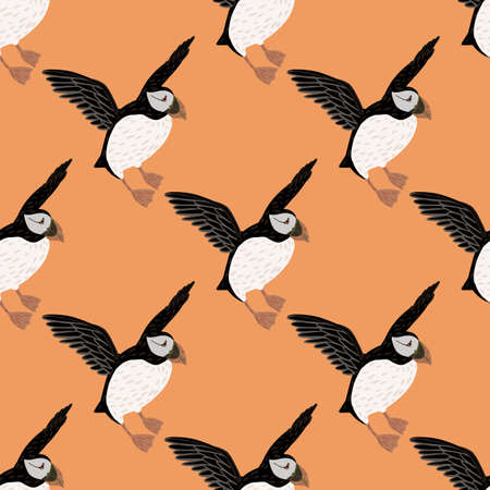 Cartoo seabird seamless pattern with hand drawn puffin birds silhouettes. Pastel orange background.のイラスト素材