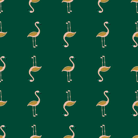 Decorative seamless exotic zoo pattern with simple flamingo ornament. Green background.のイラスト素材