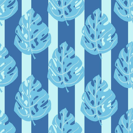 Doodle seamless wild nature pattern with simple monstera leaf ornament. Striped blue background. Vector illustration for seasonal textile prints, fabric, banners, backdrops and wallpapers.のイラスト素材