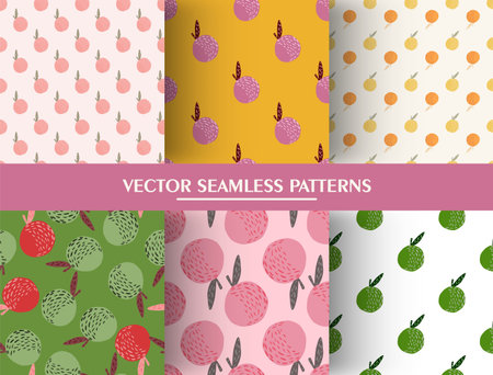 Set of seamless abstract pattern with organic apple print. Fruit shapes background collection. Flat vector print for textile, fabric, giftwrap, wallpapers. Endless illustration.のイラスト素材