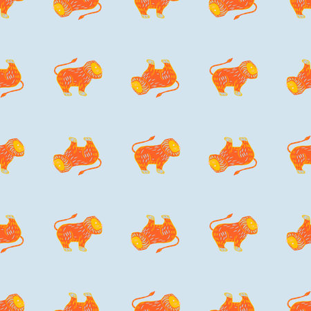 Contrast orange bright lion shapes print seamless pattern. Doodle stylistic. Blue light background....