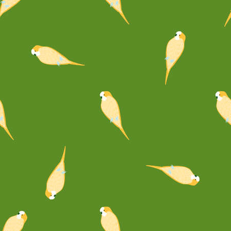 Seamless pattern in minimalistic style with doodle light orange parrot shapes. Green bright background. Flat vector print for textile, fabric, giftwrap, wallpapers. Endless illustration.のイラスト素材