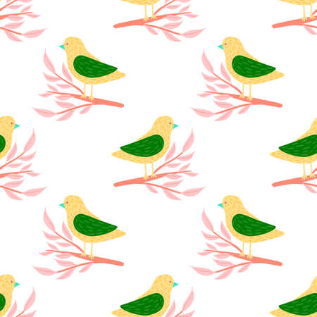 Isolated seamless kids style pattern with bright yellow and green colored birds on pink branches. Vector illustration for seasonal textile prints, fabric, banners, backdrops and wallpapers.のイラスト素材
