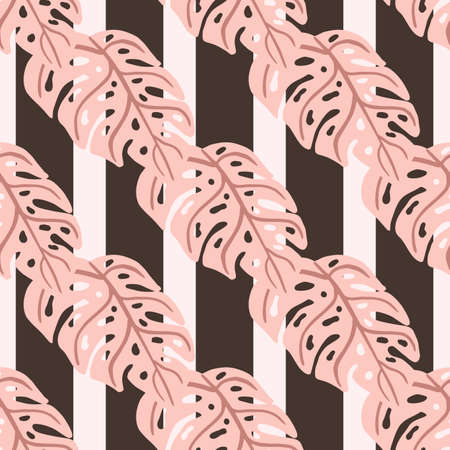 Pink colored monstera doodle shapes seamless pattern in simple style. Brown striped background. Graphic design for wrapping paper and fabric textures. Vector Illustration.のイラスト素材