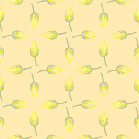 Seamless pattern in geometric nature style with lotus bud shapes. Yellow flowers ornament. Light orange background. Stock illustration. Vector design for textile, fabric, giftwrap, wallpapers.のイラスト素材