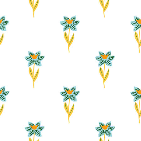 Isolated doodle seamless pattern in simple style with folk flowers blue ornament. White background. Nature artwork. Flat vector print for textile, fabric, giftwrap, wallpapers. Endless illustration.のイラスト素材