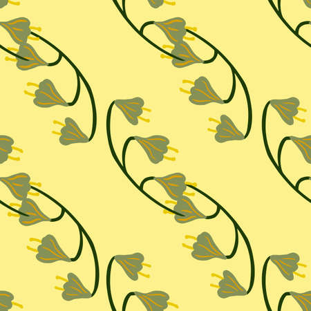 Botanic nature seamless pattern with green colored bell flower shapes. Light orange background. Vector illustration for seasonal textile prints, fabric, banners, backdrops and wallpapers.のイラスト素材