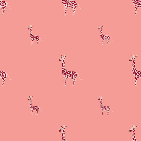 Minimalistic seamless pattern with purple hand drawn giraffe shapes. Pink bright background. Graphic design for wrapping paper and fabric textures. Vector Illustration.のイラスト素材