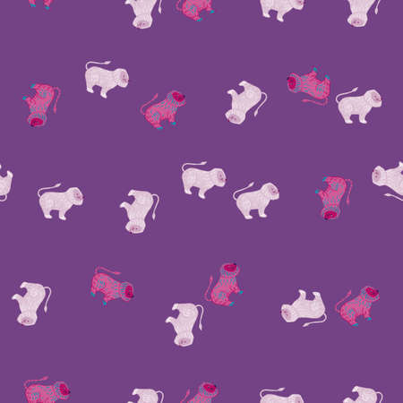 Cartoon seamless pattern with little lion shapes ornament. Purple background. Africa animal backdrop. Graphic design for wrapping paper and fabric textures. Vector Illustration.のイラスト素材