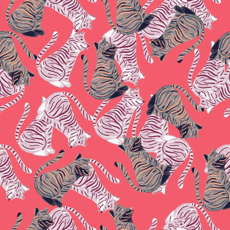 Seamless random pattern with hand drawn tiger simple silhouettes. Pastel pink background. Doodle design. Flat vector print for textile, fabric, giftwrap, wallpapers. Endless illustration.のイラスト素材