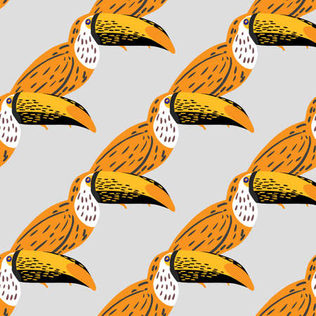 Orange bright toucan shapes seamless pattern in hand drawn style. Light grey background. Flat vector print for textile, fabric, giftwrap, wallpapers. Endless illustration.のイラスト素材