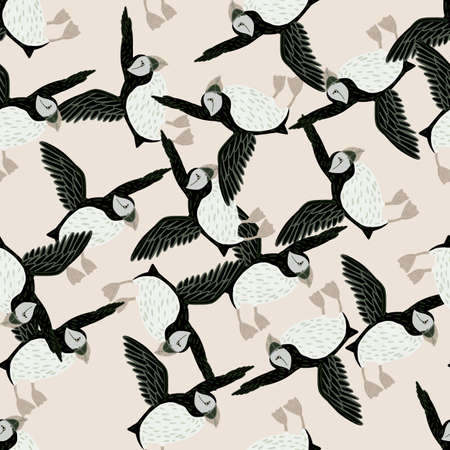Hand drawn creative seamless pattern with random abstract puffin birds shapes. Light pink background. Flat vector print for textile, fabric, giftwrap, wallpapers. Endless illustration.のイラスト素材