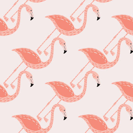 Pastel pale tones seamless pattern with pink colored flamingo elements. Grey pastel background. Vector illustration for seasonal textile prints, fabric, banners, backdrops and wallpapers.のイラスト素材