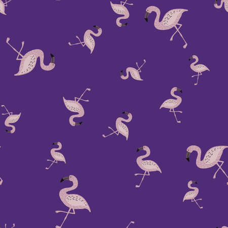 Random seamless doodle pattern with cartoon simple flamingo silhouettes. Purple background. Graphic design for wrapping paper and fabric textures. Vector Illustration.のイラスト素材