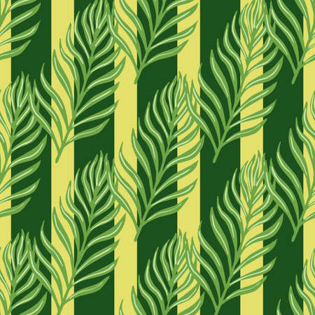 Botany seamless pattern with hand drawn green fern foliage shapes print. Striped green olive background.のイラスト素材