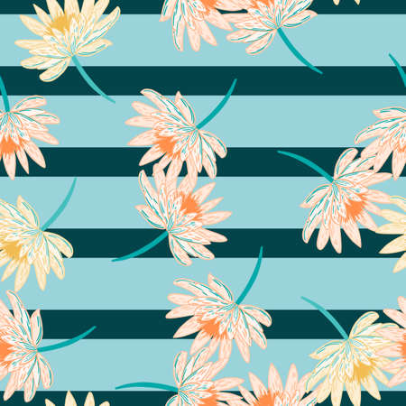 Random seamless pattern with white colored daisy flowers elements. Blue striped background. Nature backdrop.のイラスト素材