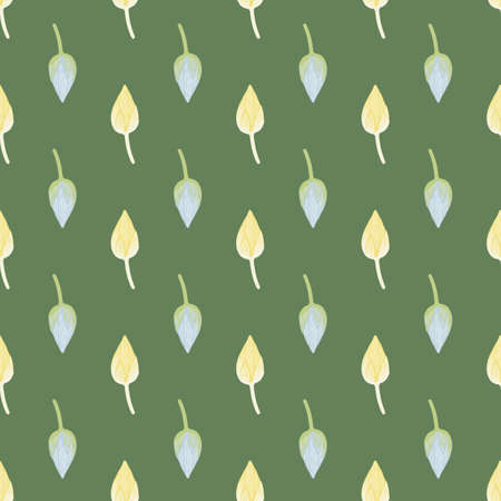 Creative seamless pattern with light orange and blue colored lotus bud shapes. Green background.のイラスト素材