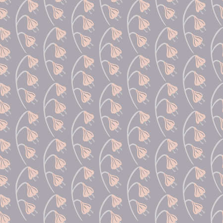 Doodle nature field seamless pattern with simple pink bluebell flowers ornament. Pastel purple background.のイラスト素材