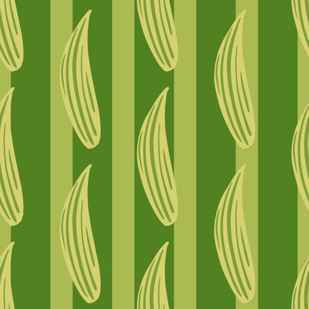 Abstract foliage seamless doodle pattern with lily of the valley leaves shapes. Green striped background.のイラスト素材