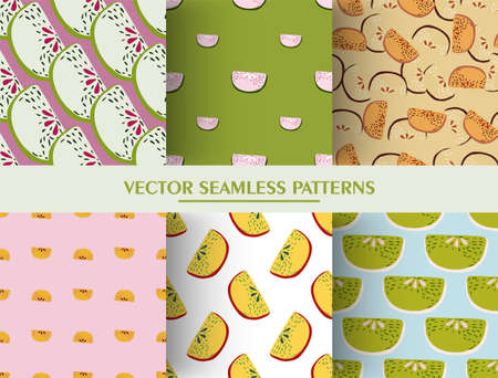 Set of seamless fruit pattern with apple slices. Doodle fruits background collection.のイラスト素材