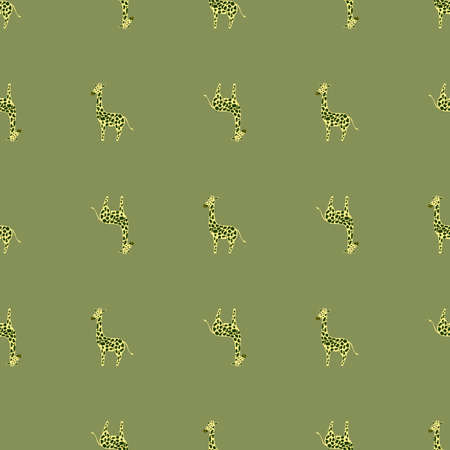 Funny seamless kids pattern with simple giraffe silhouettes. Green olive background. Simple design. Graphic design for wrapping paper and fabric textures. Vector Illustration.のイラスト素材