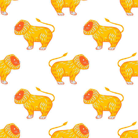 Isolated seamless pattern with bright yellow lions ornament. White background. Wildlife safari shapes. Graphic design for wrapping paper and fabric textures. Vector Illustration.のイラスト素材