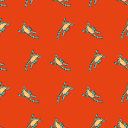 Bright seamless abstract zoo pattern with blue and yellow colored frog shapes. Orange bright background. Stock illustration. Vector design for textile, fabric, giftwrap, wallpapers.のイラスト素材