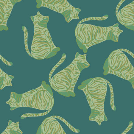 Seamless random pattern with green pale tiger silhouettes print. Turquoise background. Safari animal print. Flat vector print for textile, fabric, giftwrap, wallpapers. Endless illustration.のイラスト素材