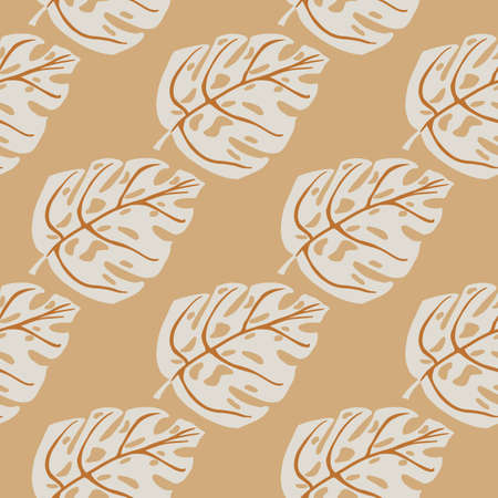 Pastel tones seamless pattern with grey colored monstera shapes. Beige background. Exotic foliage backdrop. Vector illustration for textile prints, fabric, banners, backdrops and wallpapers.のイラスト素材