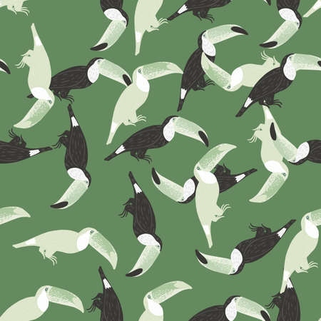 Cartoon exotic seamless pattern with random toucan bird shapes. Green pastel background. Flat vector print for textile, fabric, giftwrap, wallpapers. Endless illustration.のイラスト素材