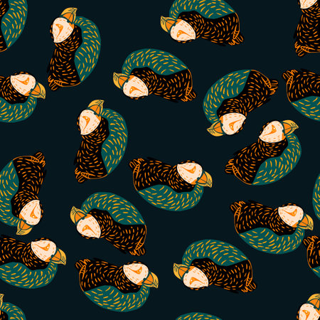 Dark random seamless pattern with black and green colored puffin bird print. Navy blue background. Vector illustration for seasonal textile prints, fabric, banners, backdrops and wallpapers.のイラスト素材