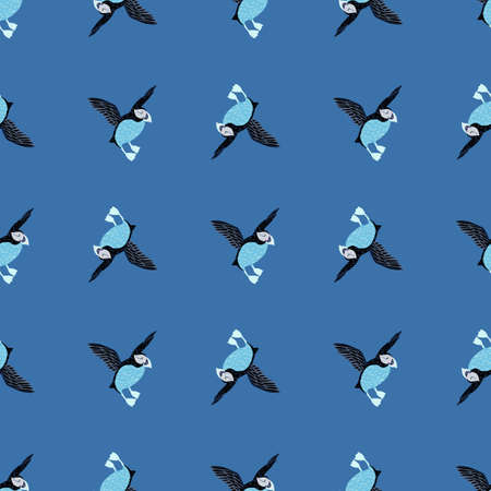 Creative seamless pattern with simple puffin bird silgouettes. Blue background. Biology zoo print. Flat vector print for textile, fabric, giftwrap, wallpapers. Endless illustration.のイラスト素材