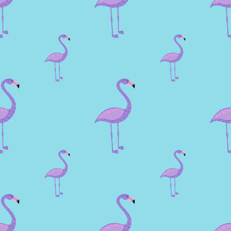 Cartoon childish style seamless pattern with pastel purple flamingo print. Blue background. Zoo backdrop. Vector illustration for seasonal textile prints, fabric, banners, backdrops and wallpapers.のイラスト素材