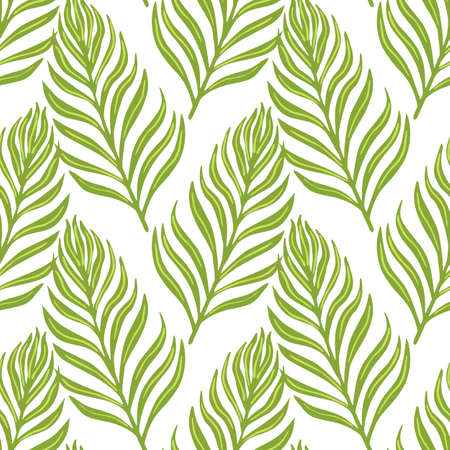 Isolated simple style seamless botany pattern with fern silhouettes ornament. White background. Green foliage. Stock illustration. Vector design for textile, fabric, giftwrap, wallpapers.のイラスト素材