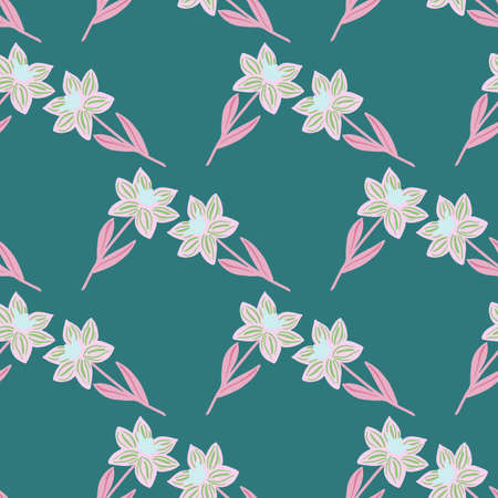 Botanic seamless pattern in doodle hand drawn style with simple flower silhouettes. Blue background. Flat vector print for textile, fabric, giftwrap, wallpapers. Endless illustration.のイラスト素材
