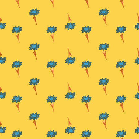 Hand drawn seamless pattern with blue little flower silhouettes shapes. Bright yellow background. Graphic design for wrapping paper and fabric textures. Vector Illustration.のイラスト素材