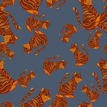 Random zoo seamless pattern in childish style with orange tiger silhouettes. Pale blue background. Flat vector print for textile, fabric, giftwrap, wallpapers. Endless illustration.のイラスト素材