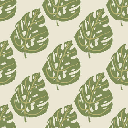 Nature wild flora seamless pattern with doodle green monstera ornament. Light grey background. Vector illustration for seasonal textile prints, fabric, banners, backdrops and wallpapers.のイラスト素材
