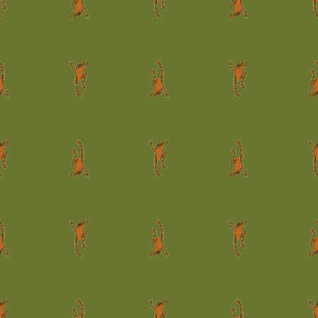 Tropical seamless pattern with little frog orange silhouettes ornament. Green olive background. Simple design. Stock illustration. Vector design for textile, fabric, giftwrap, wallpapers.のイラスト素材