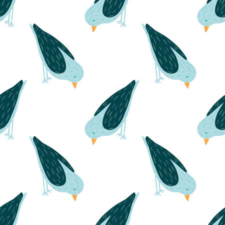 Isolated seamless animal pattern with blue contoured simple birds ornament. White background. Vector illustration for seasonal textile prints, fabric, banners, backdrops and wallpapers.のイラスト素材