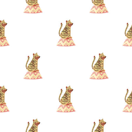 Isolated seamless pattern with orange doodle tiger silhouettes. White background. Simple design. Vector illustration for seasonal textile prints, fabric, banners, backdrops and wallpapers.のイラスト素材