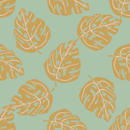 Pale palette seamless pattern in hand drawn style with monstera shapes. Blue background. Doodle style. Vector illustration for seasonal textile prints, fabric, banners, backdrops and wallpapers.のイラスト素材