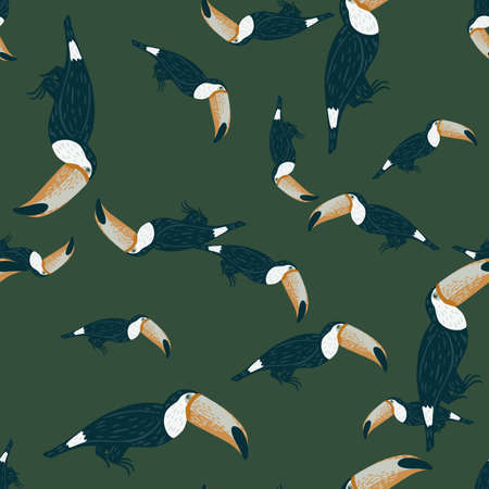 Seamless random pattern with navy blue tiucan bird shapes. Green background. Doodle simple design. Flat vector print for textile, fabric, giftwrap, wallpapers. Endless illustration.のイラスト素材